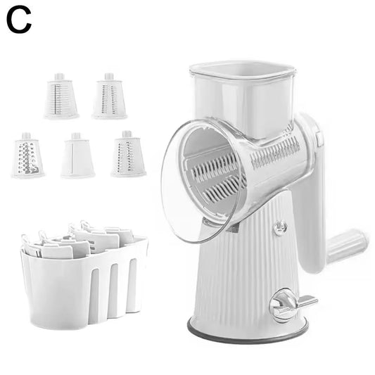 5-in-1 Rotary Cheese Grater & Slicer with Suction Base – Manual Vegetable Shredder, Nut Grinder, and Slicing Tool